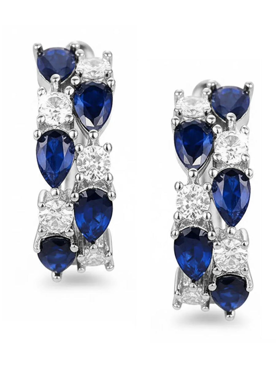 Peora Silver CZ Studded Blue Hoop Earrings