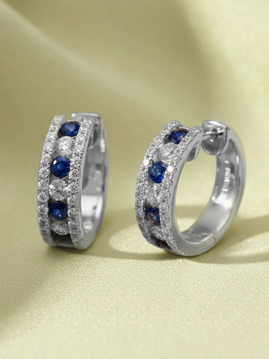 Peora Silver CZ And Blue Stone Hoop Earrings