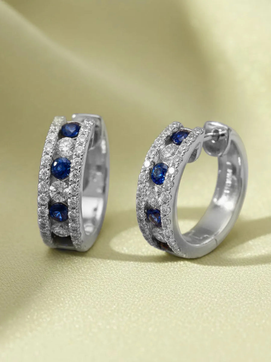 Peora Silver CZ And Blue Stone Hoop Earrings