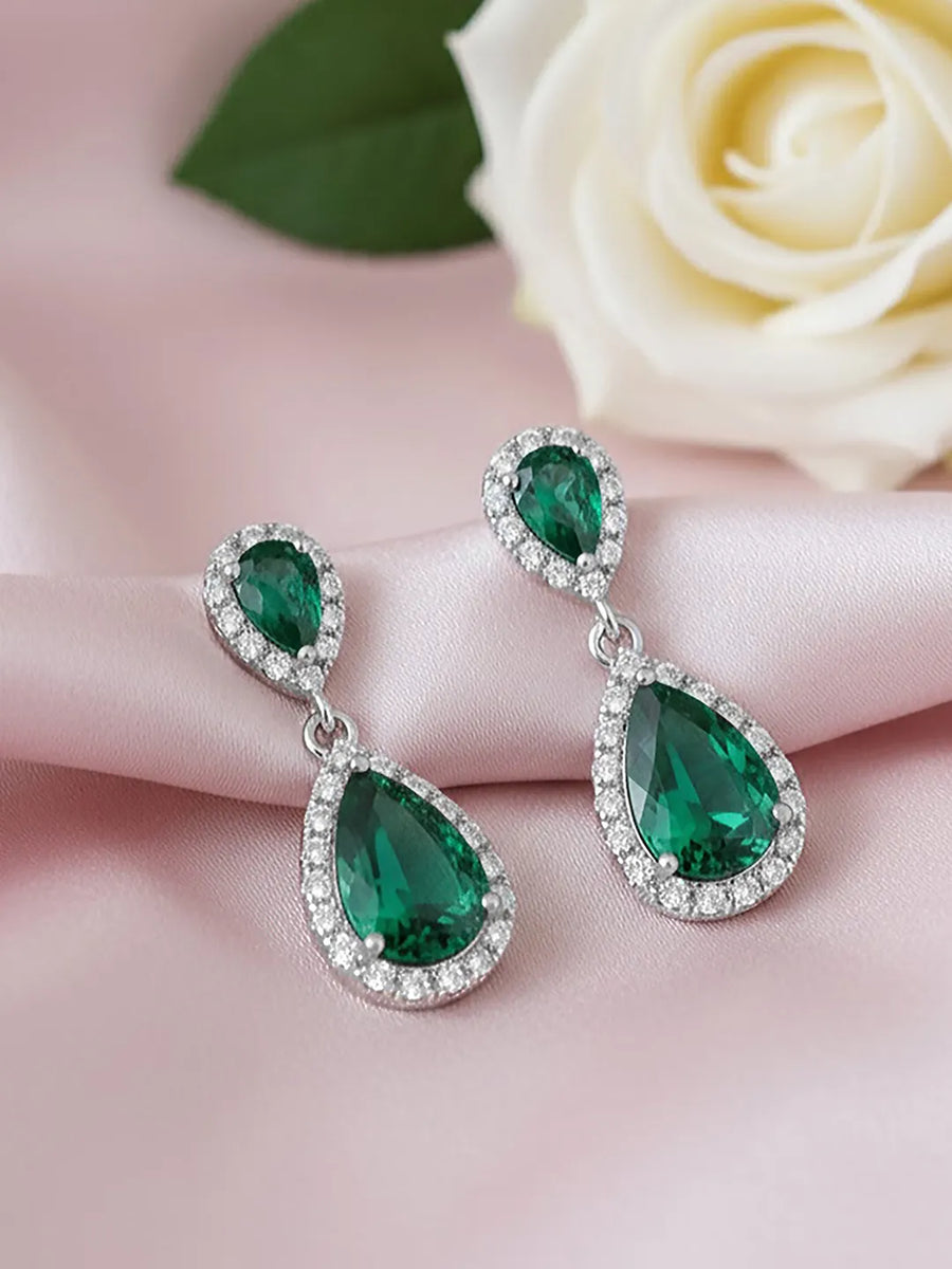 Peora Emerald Drop Halo Silver Earrings