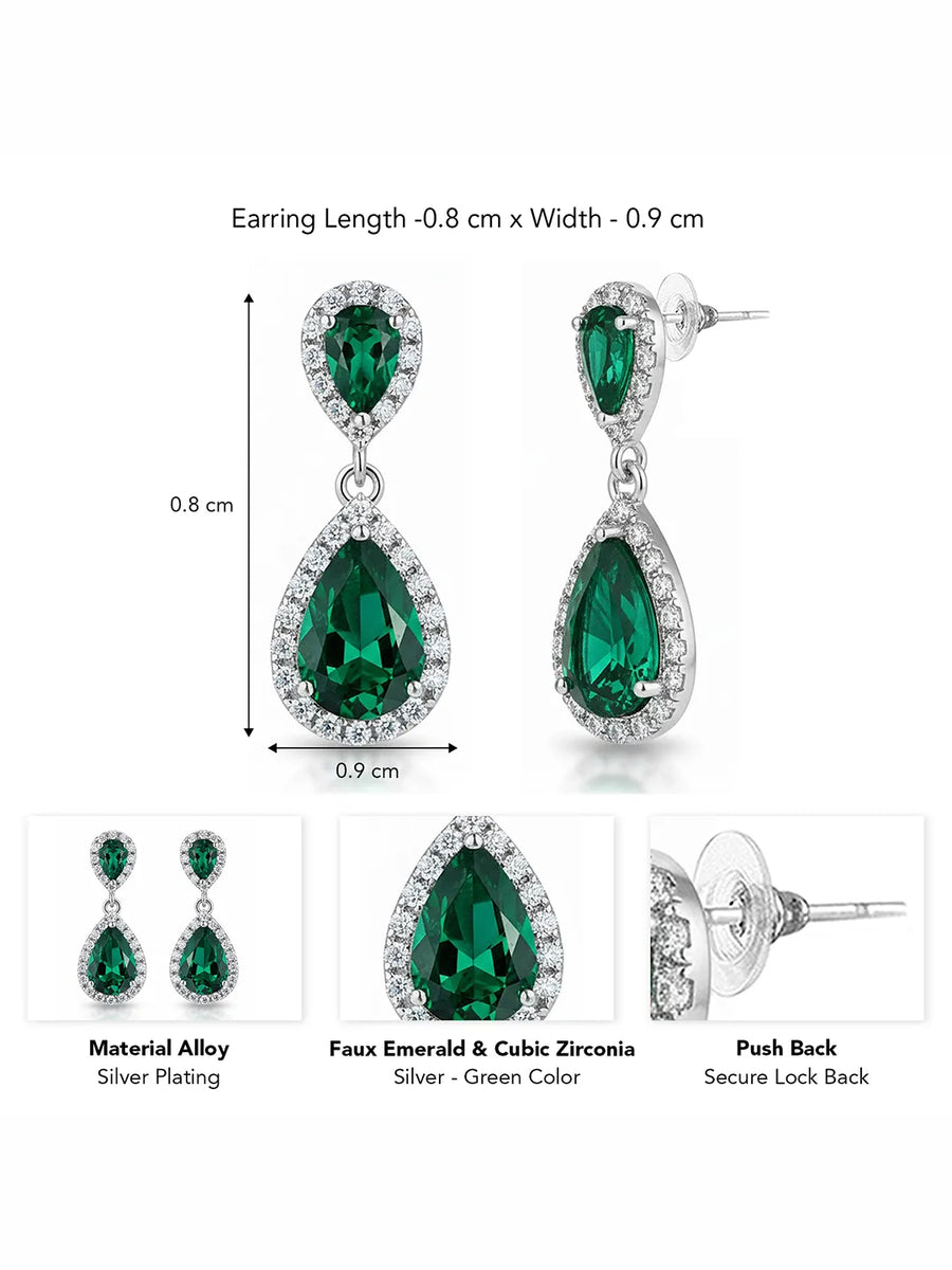 Peora Emerald Drop Halo Silver Earrings