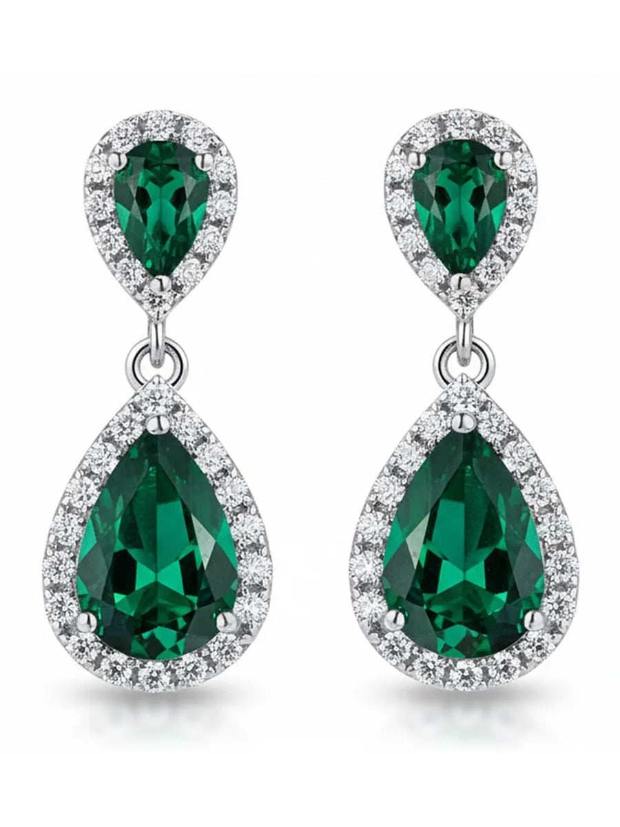 Peora Emerald Drop Halo Silver Earrings