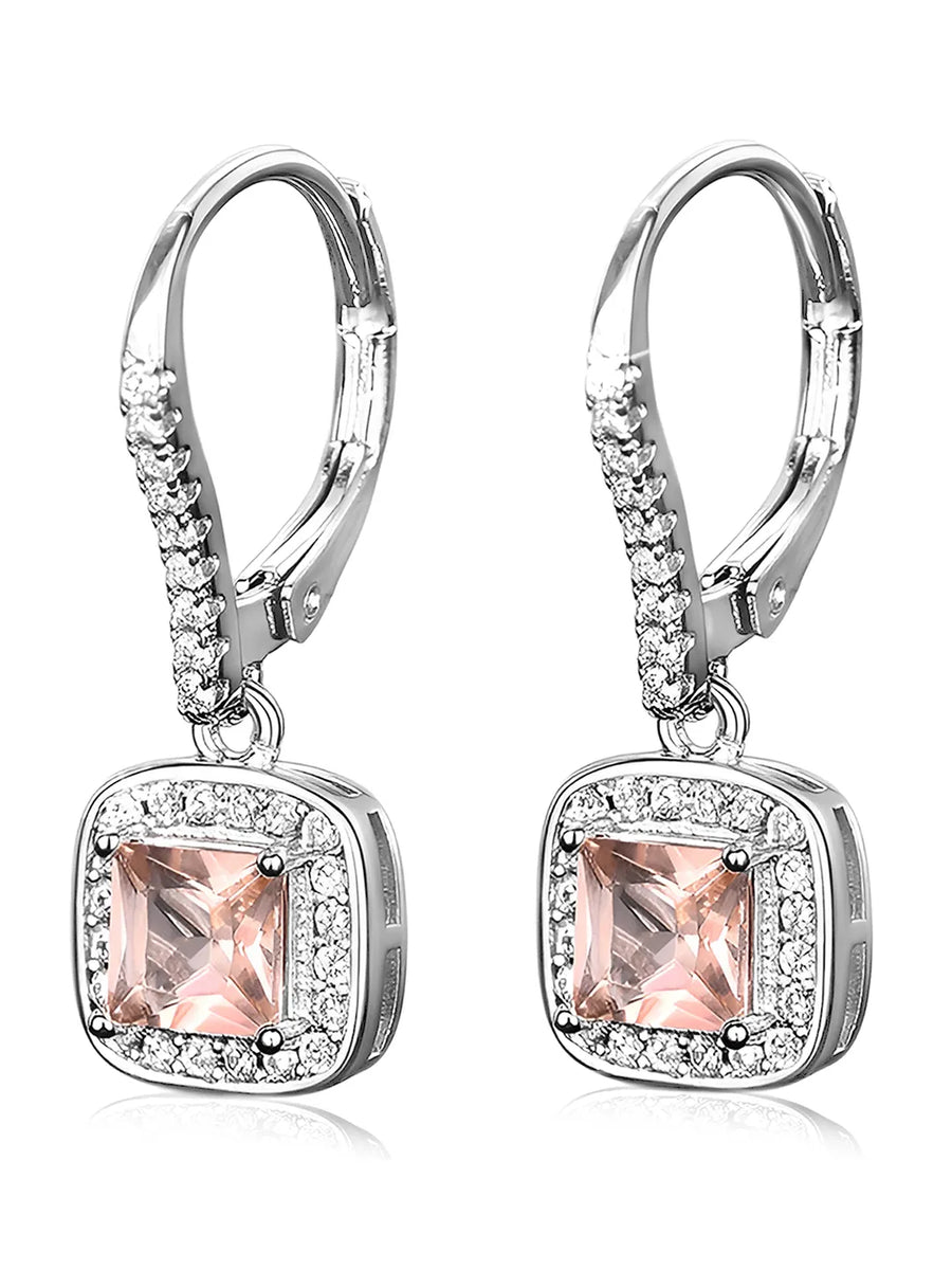 Peora Pink Gem Halo Silver Drop Earrings