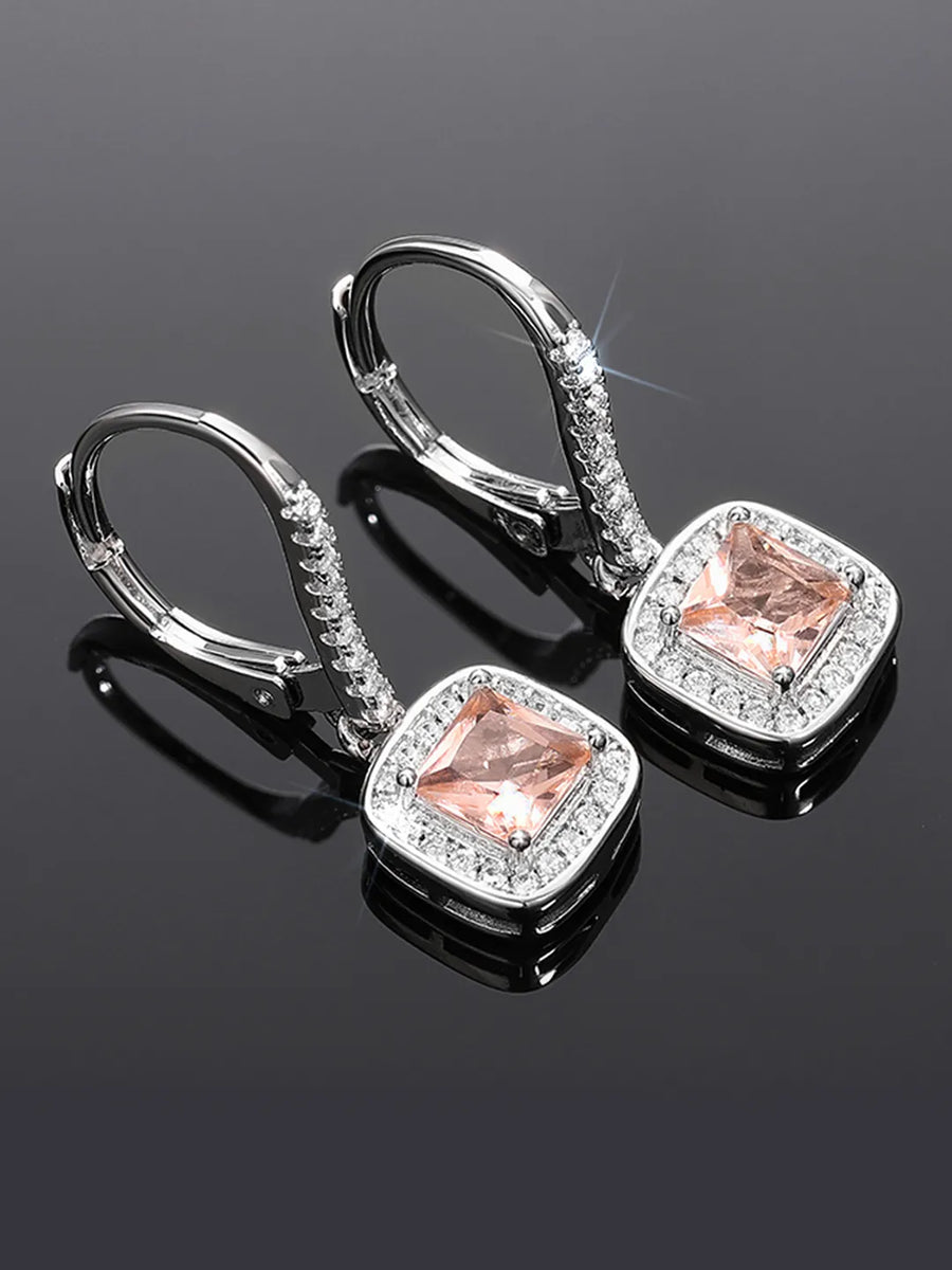 Peora Pink Gem Halo Silver Drop Earrings
