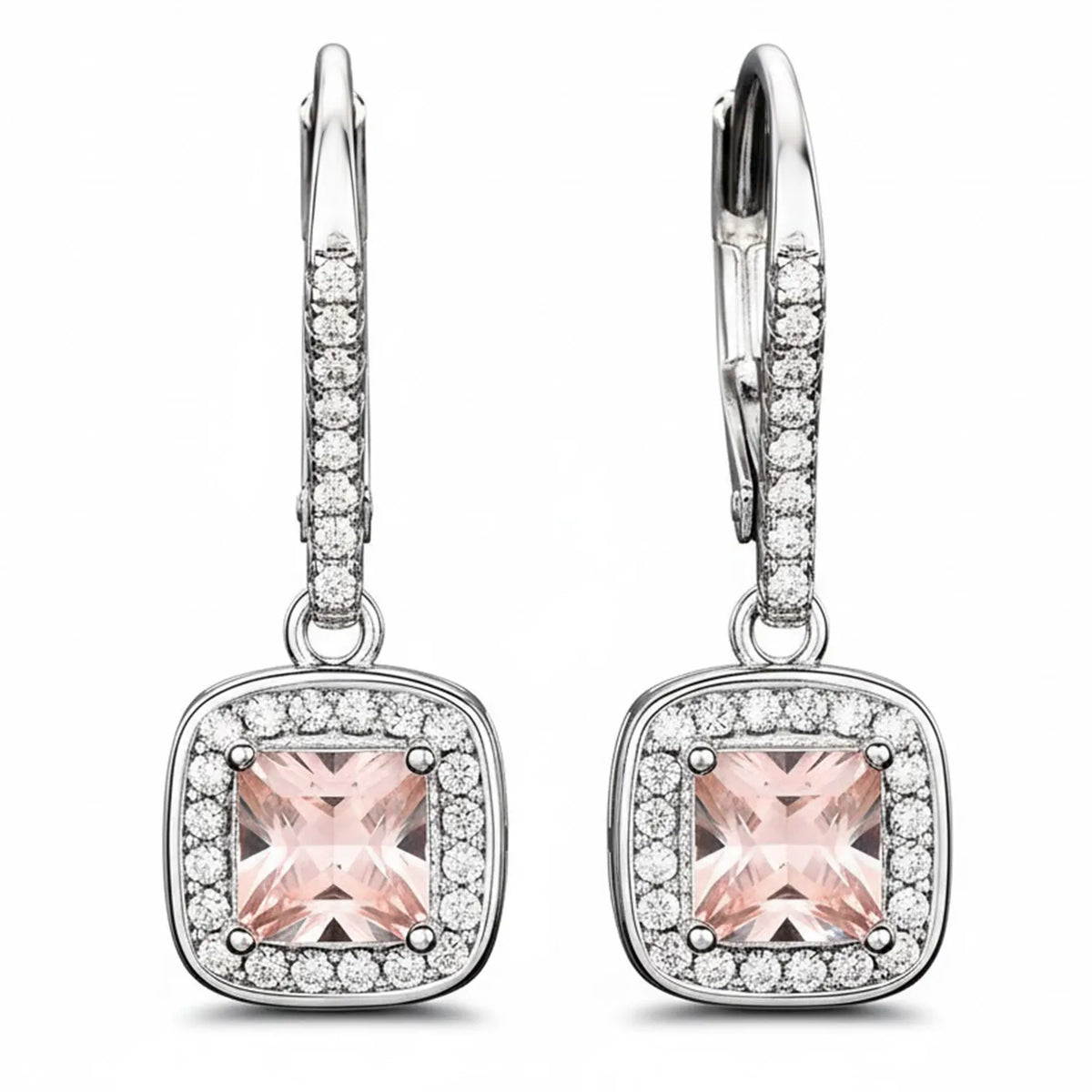 Peora Pink Gem Halo Silver Drop Earrings