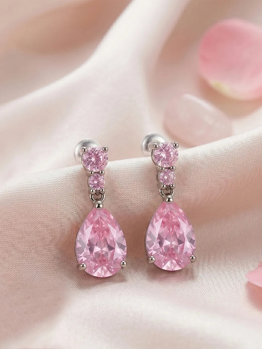 Peora Pink Pear Drop Earrings - Silver