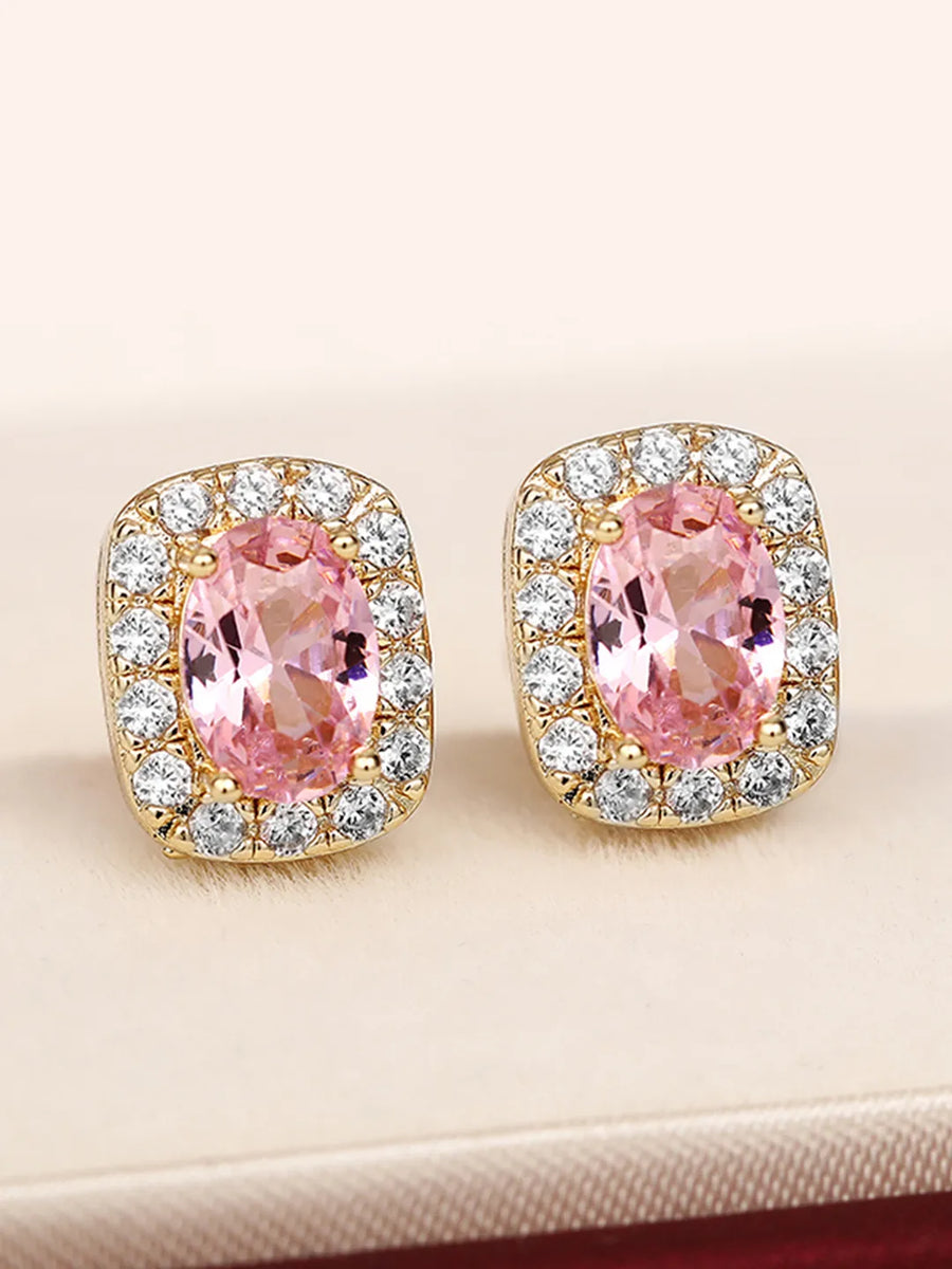 Peora Pink Solitaire CZ Stud Earrings - Gold