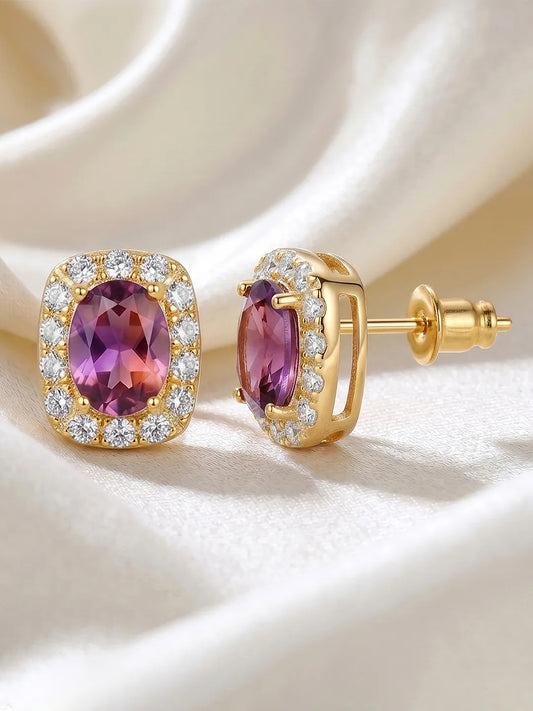 Peora Purple Solitaire CZ Stud Earrings - Gold
