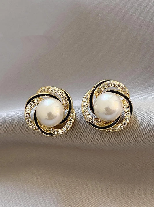 Pearl Swirl Black Accent Stud Earrings - Gold
