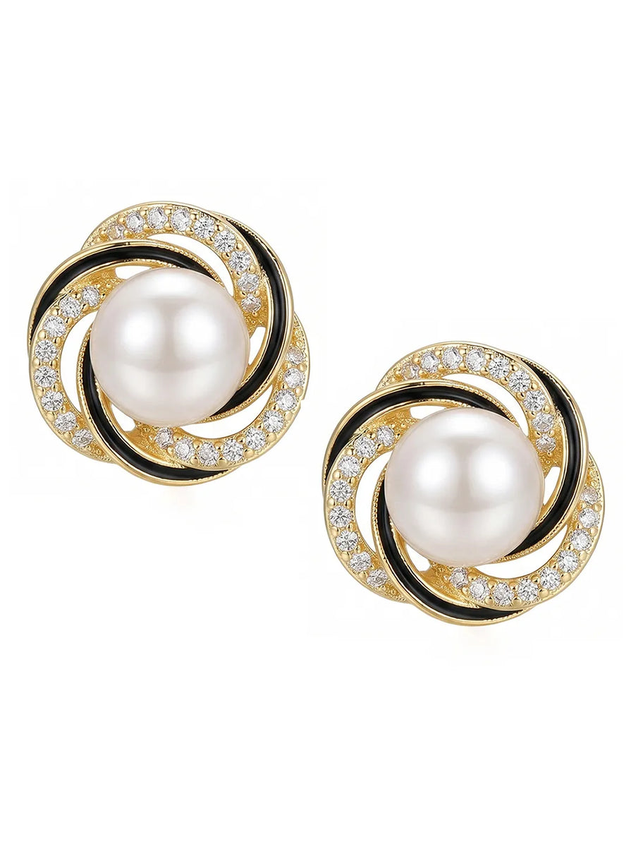 Pearl Swirl Black Accent Stud Earrings - Gold
