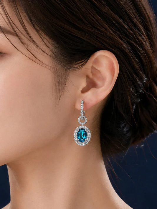 Peora Ocean Blue Halo Drop Hoop Earrings - Silver