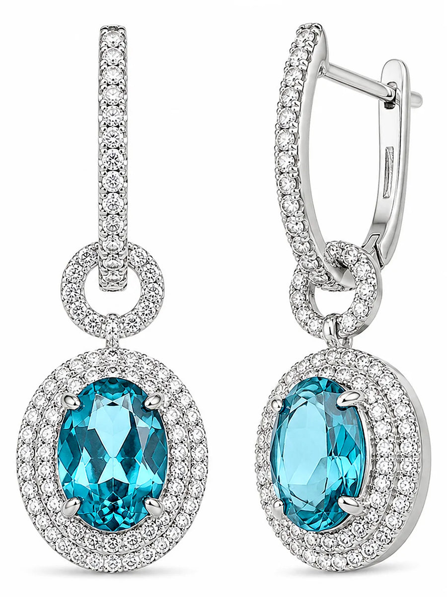 Peora Ocean Blue Halo Drop Hoop Earrings - Silver
