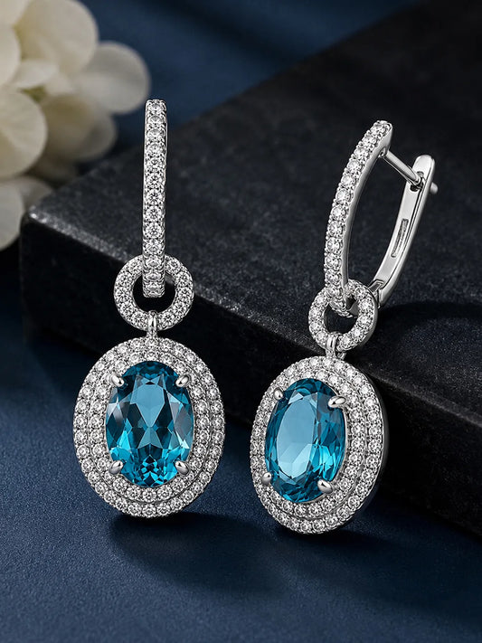 Peora Ocean Blue Halo Drop Hoop Earrings - Silver