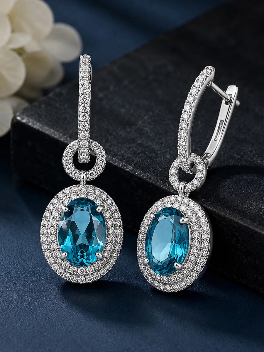 Peora Ocean Blue Halo Drop Hoop Earrings - Silver