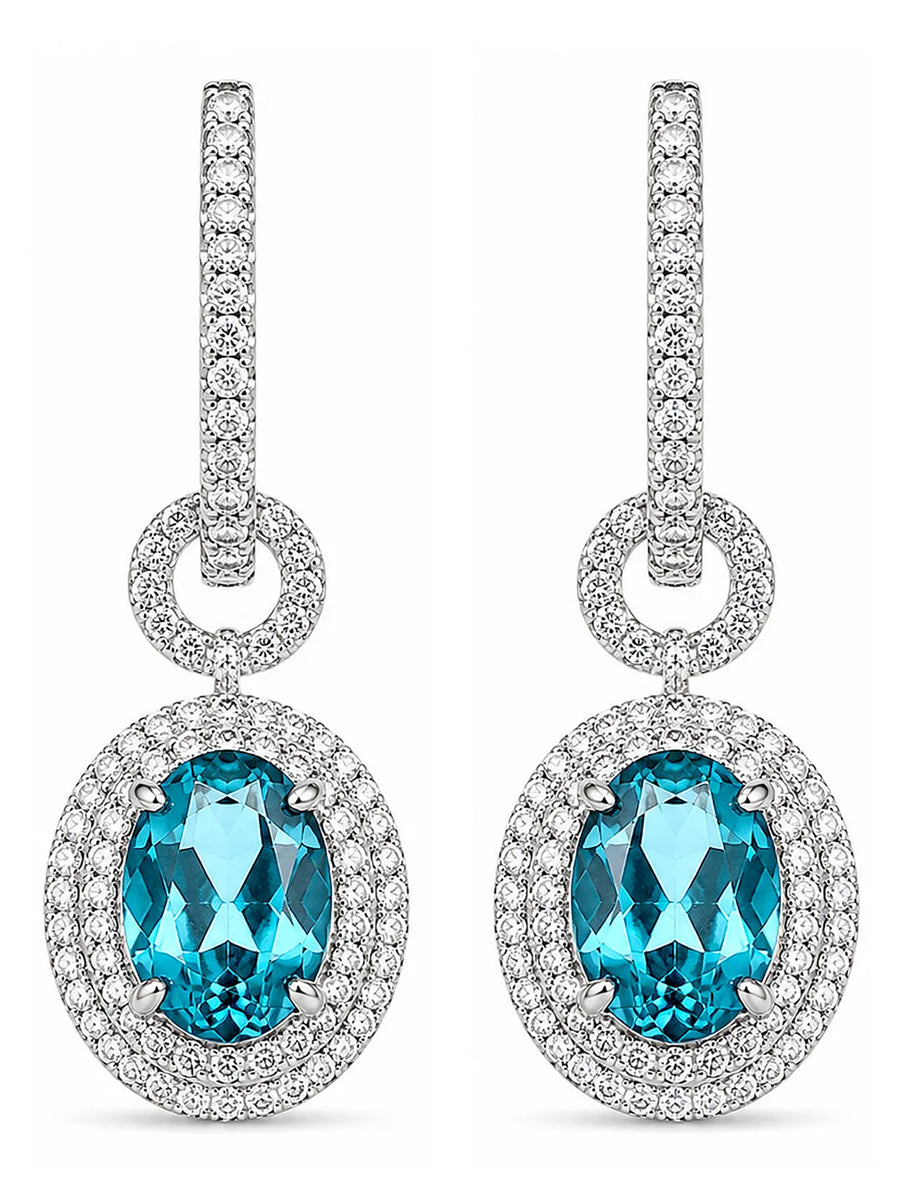 Peora Ocean Blue Halo Drop Hoop Earrings - Silver