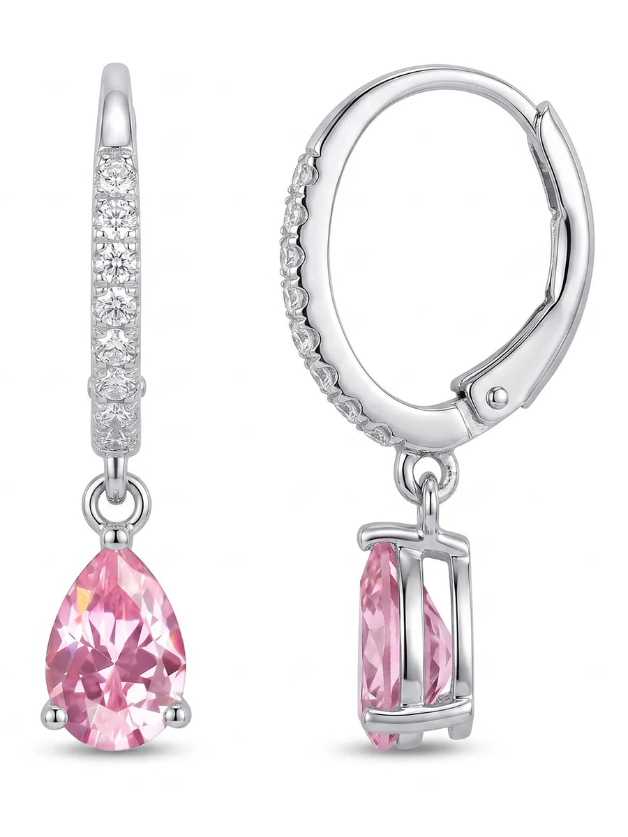 Peora Pink Pear Drop Hoop Earrings - Silver