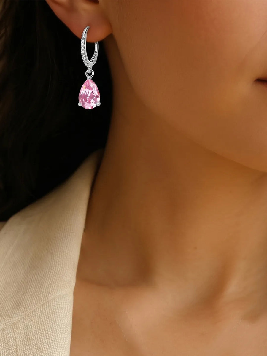 Peora Pink Pear Drop Hoop Earrings - Silver