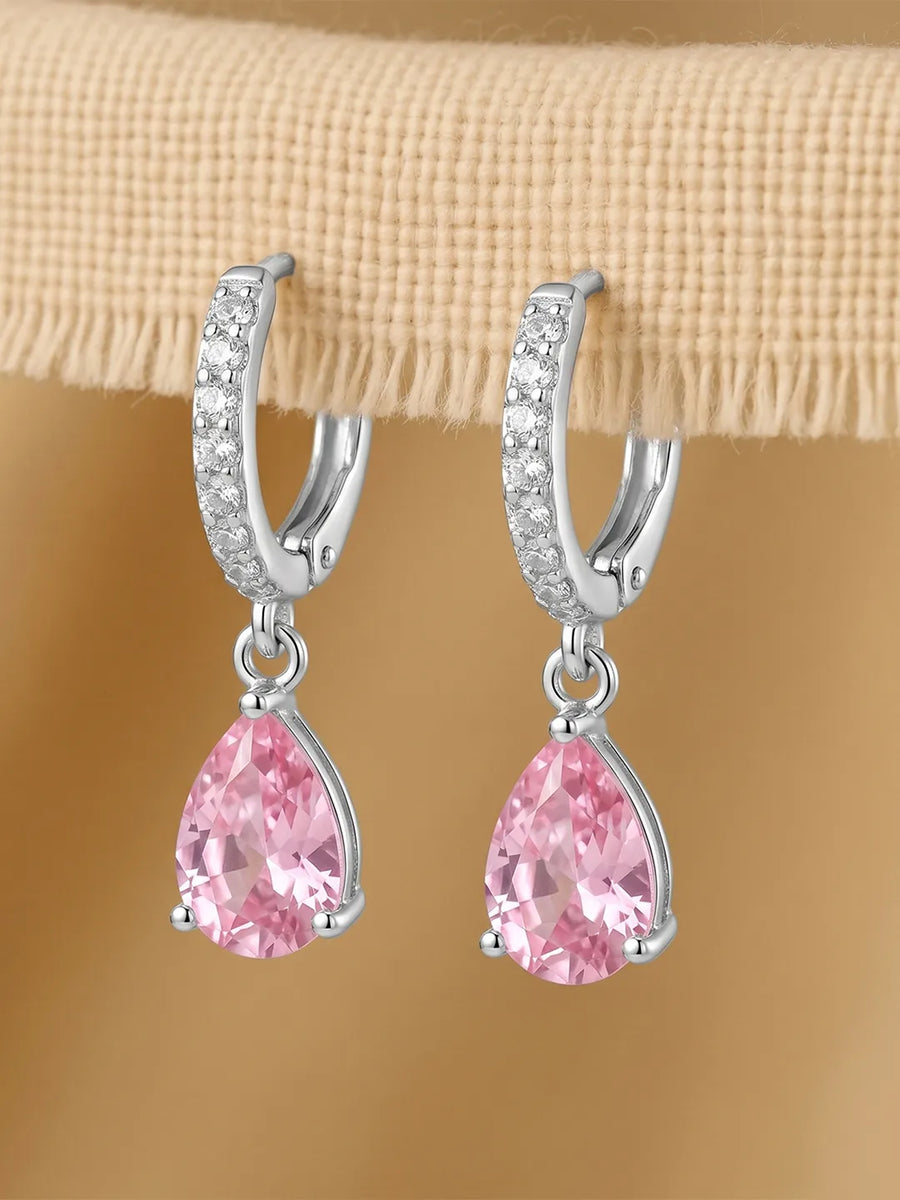 Peora Pink Pear Drop Hoop Earrings - Silver
