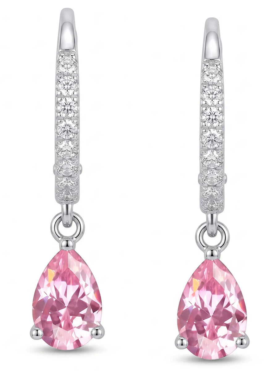 Peora Pink Pear Drop Hoop Earrings - Silver