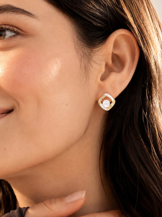 Peora Pearl Frame Stud Earrings - Gold