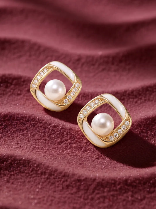 Peora Pearl Frame Stud Earrings - Gold
