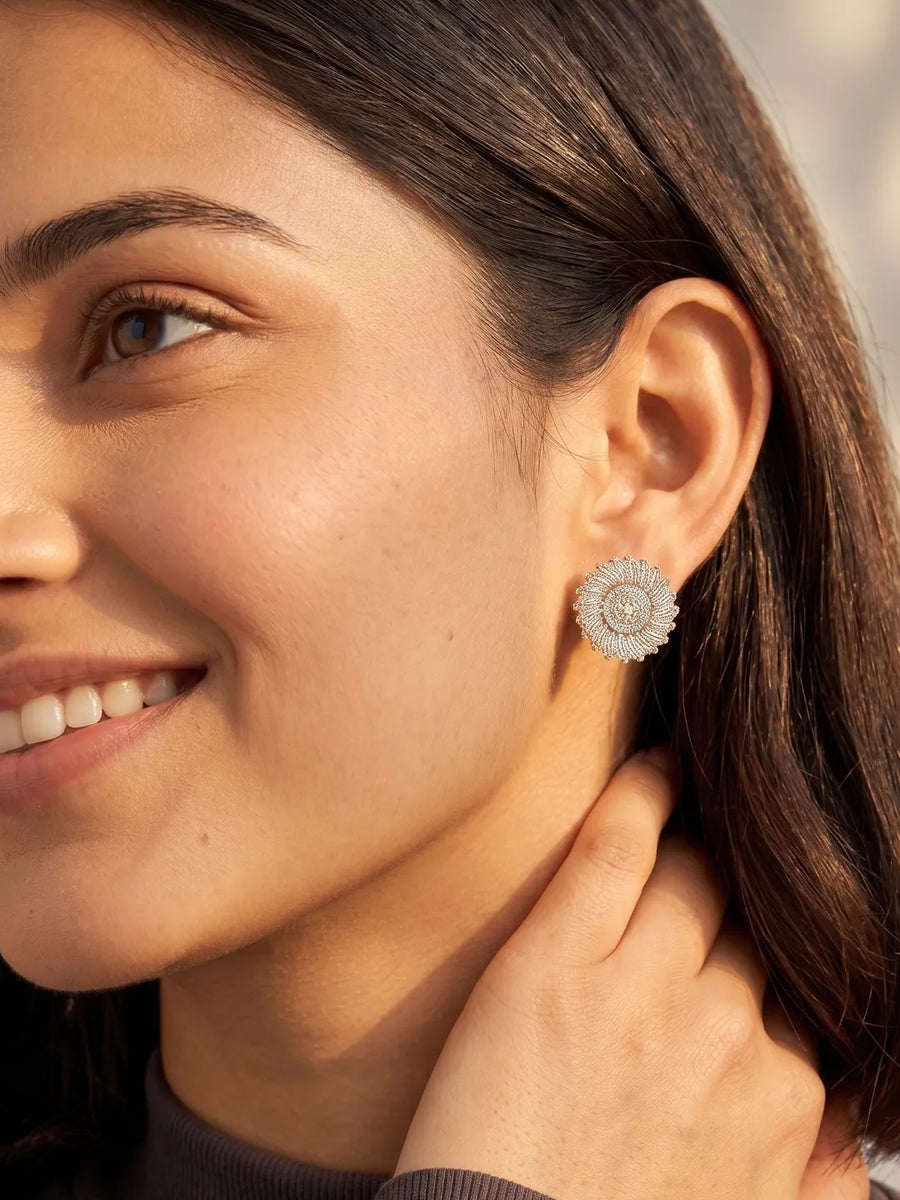 Peora Floral Halo CZ Solitare Earrings - Silver
