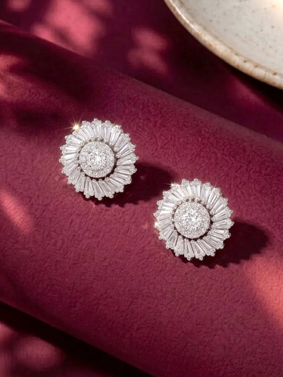 Peora Floral Halo CZ Solitare Earrings - Silver
