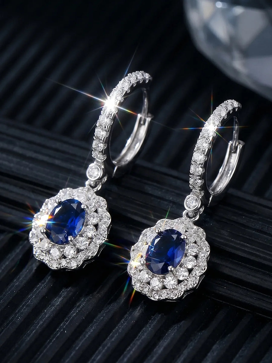 Peora Floral Halo CZ Blue Aura Earrings - Silver