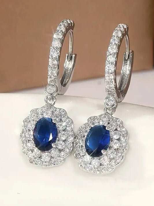 Peora Floral Halo CZ Blue Aura Earrings - Silver