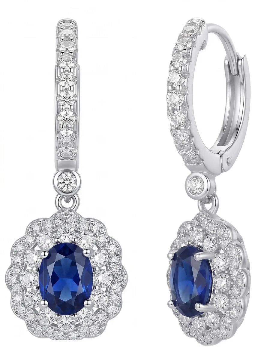 Peora Floral Halo CZ Blue Aura Earrings - Silver