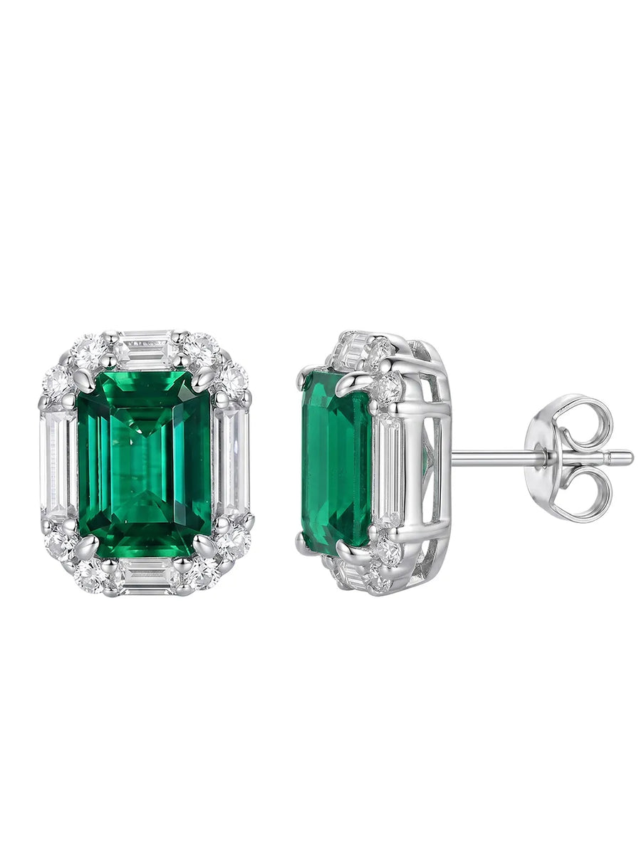 Peora Emrald Green Solitare Studs - Silver