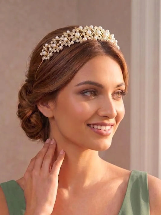 Peora Pearl & CZ Luxe Leaf Hair Band - Gold