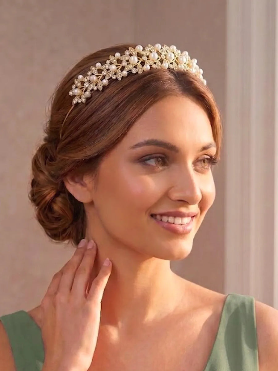 Peora Pearl & CZ Luxe Leaf Hair Band - Gold