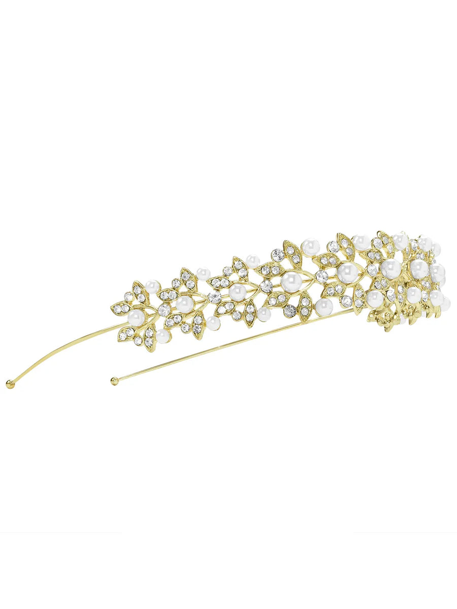 Peora Pearl & CZ Luxe Leaf Hair Band - Gold