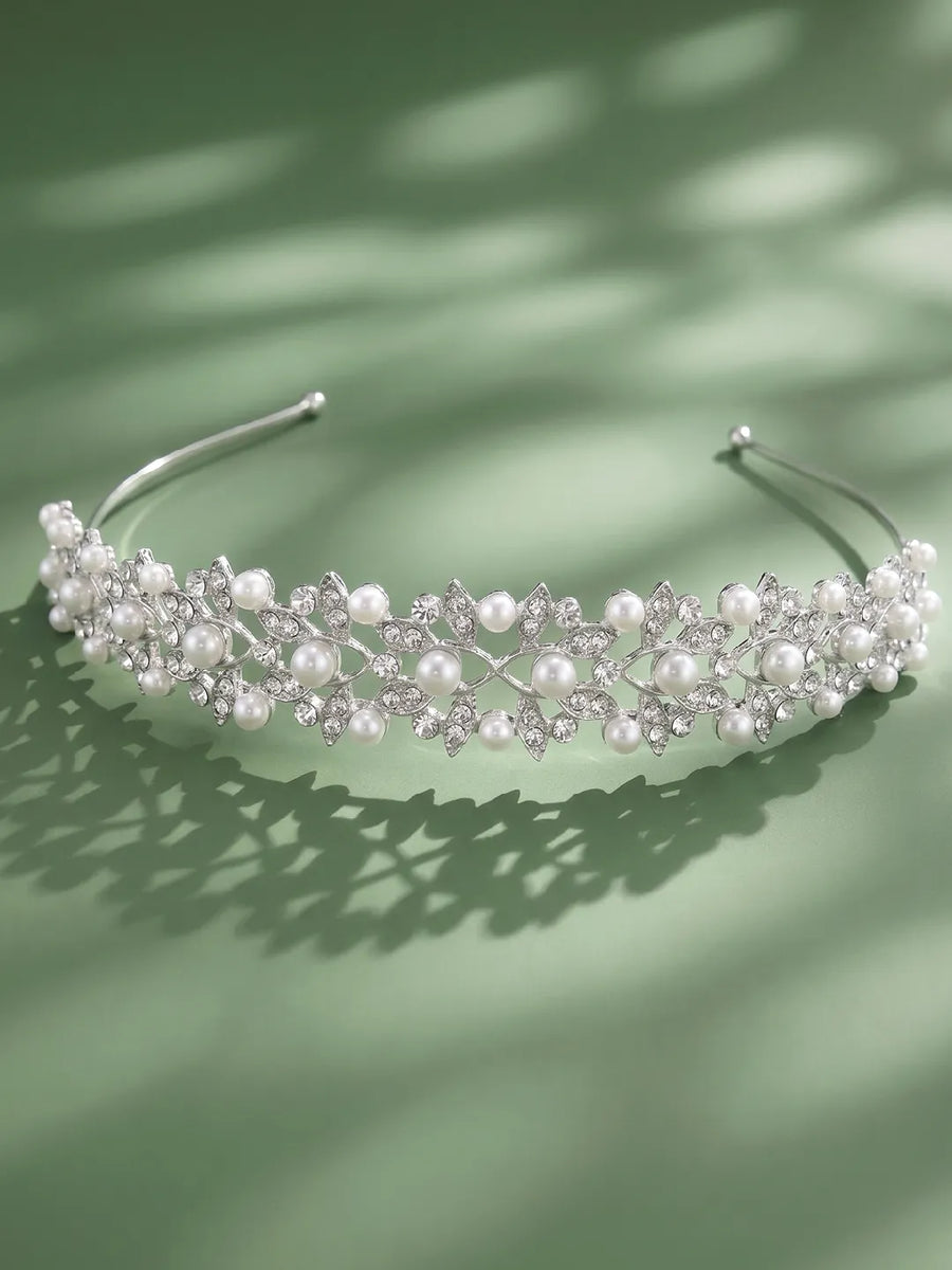 Peora Pearl & CZ Luxe Leaf Hair Band - Silver