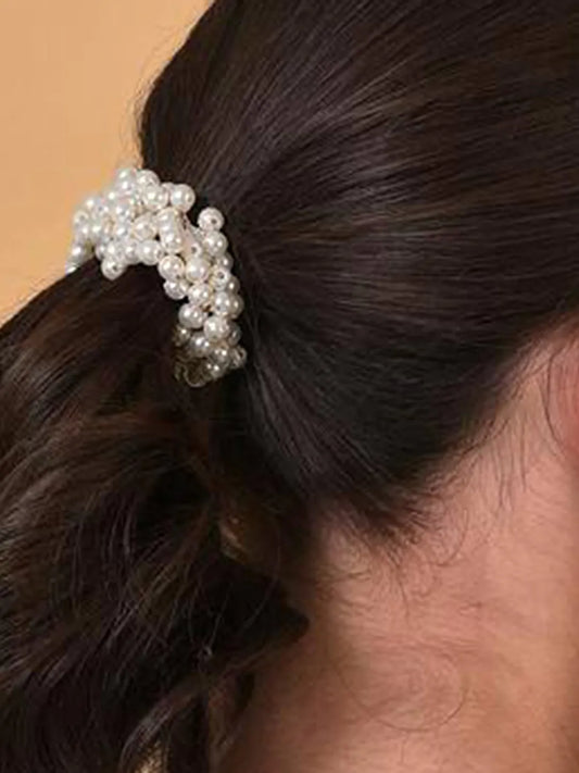 Pearl Embellished Luxe Hair Scrunchie - White