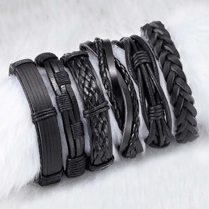Men’s Layered Black Leather Wrist Stack