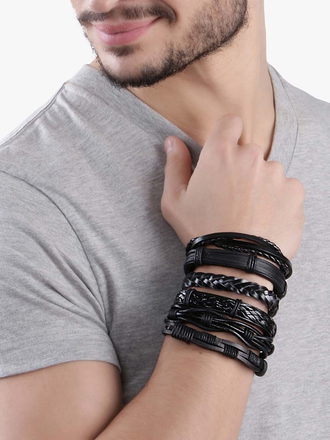 Modern Stack Black Leather Bracelets