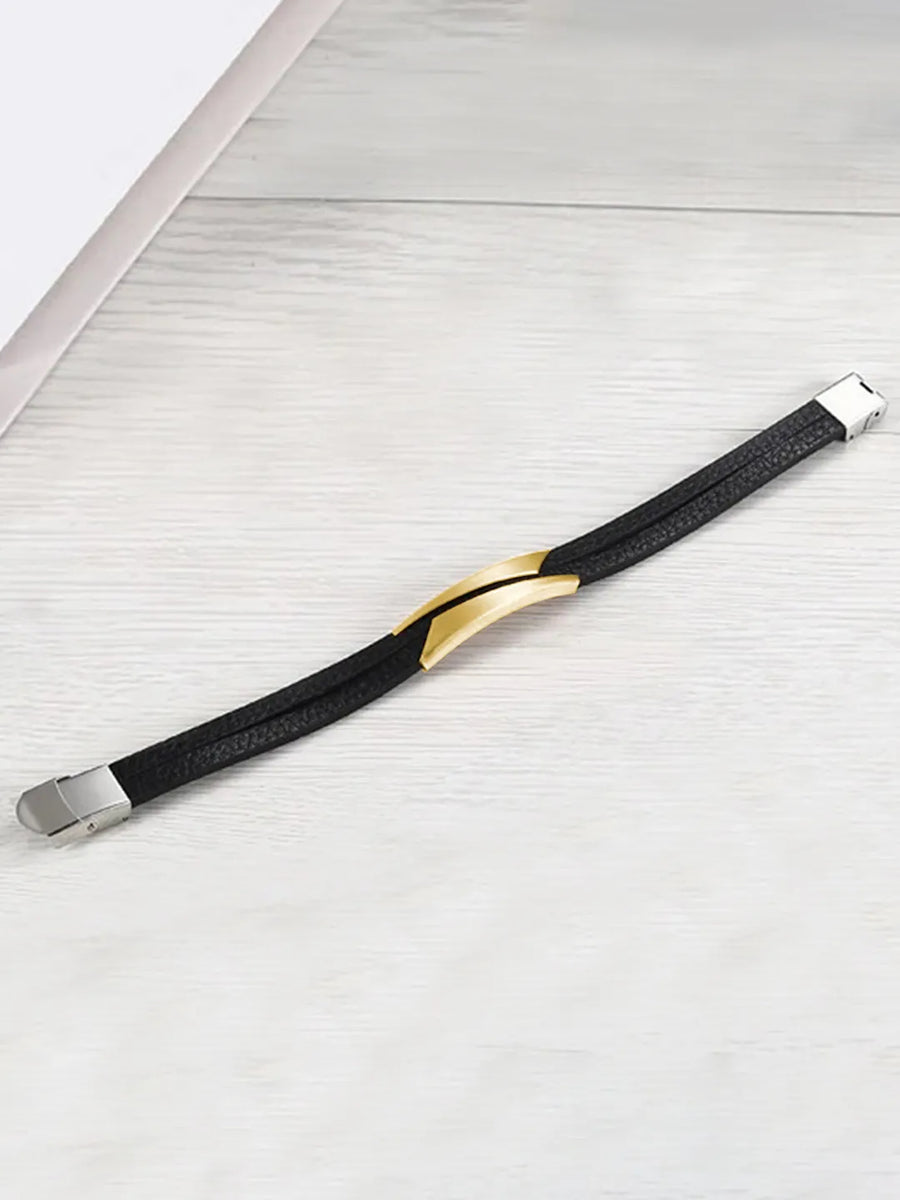 Men’s Black Leather Gold Accent Bracelet