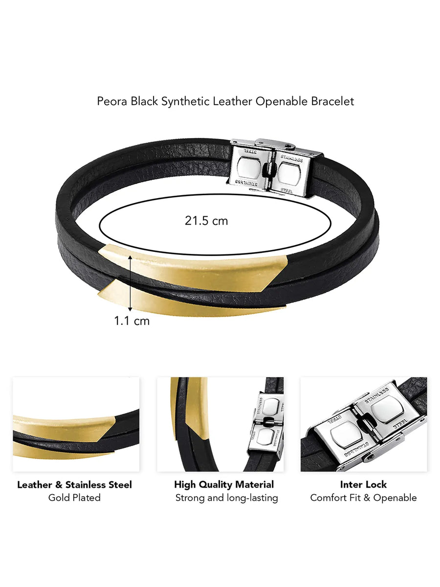 Men’s Black Leather Gold Accent Bracelet