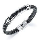 Coreline Braided Leather Steel Band. Black leather bracelet with silver clasp for men.