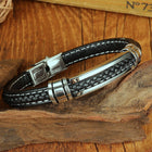 Coreline Braided Leather Steel Band. Black leather bracelet with silver clasp for men.