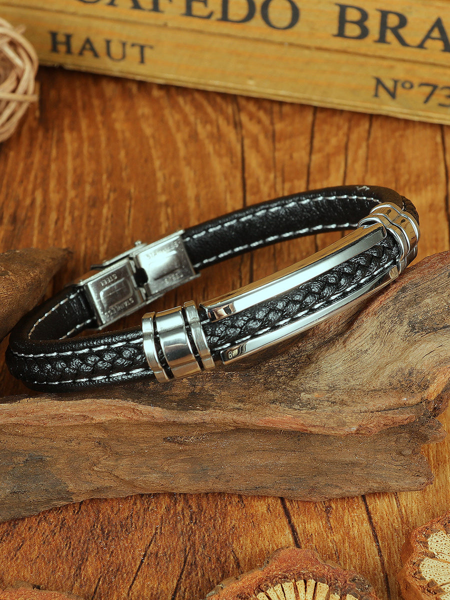 Coreline Braided Leather Steel Band. Black leather bracelet with silver clasp for men.