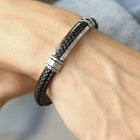 Coreline Braided Leather Steel Band. Black leather bracelet with silver clasp for men.