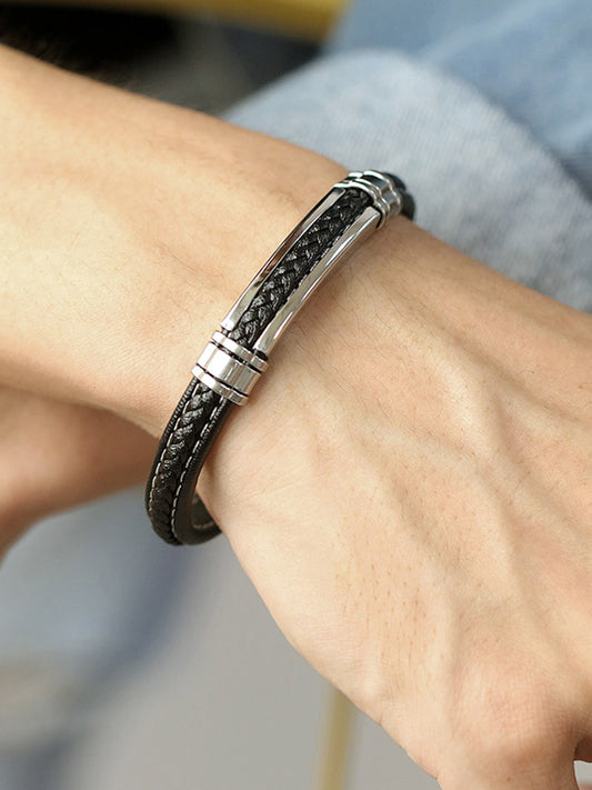Coreline Braided Leather Steel Band. Black leather bracelet with silver clasp for men.