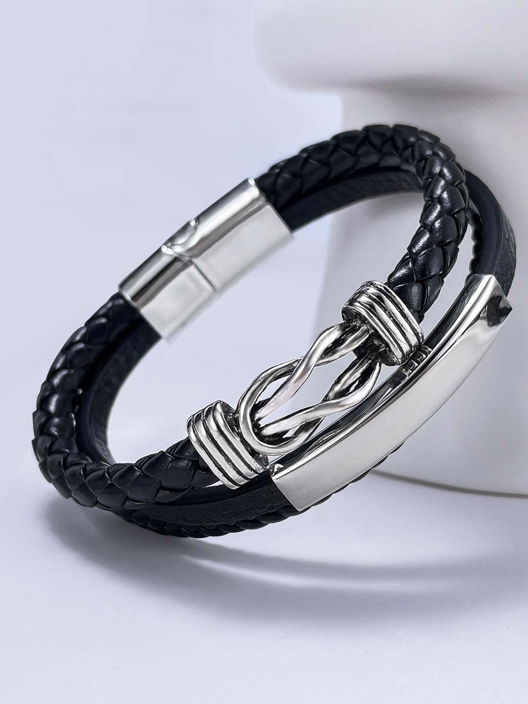 Silver Accent Black Leather Bracelet