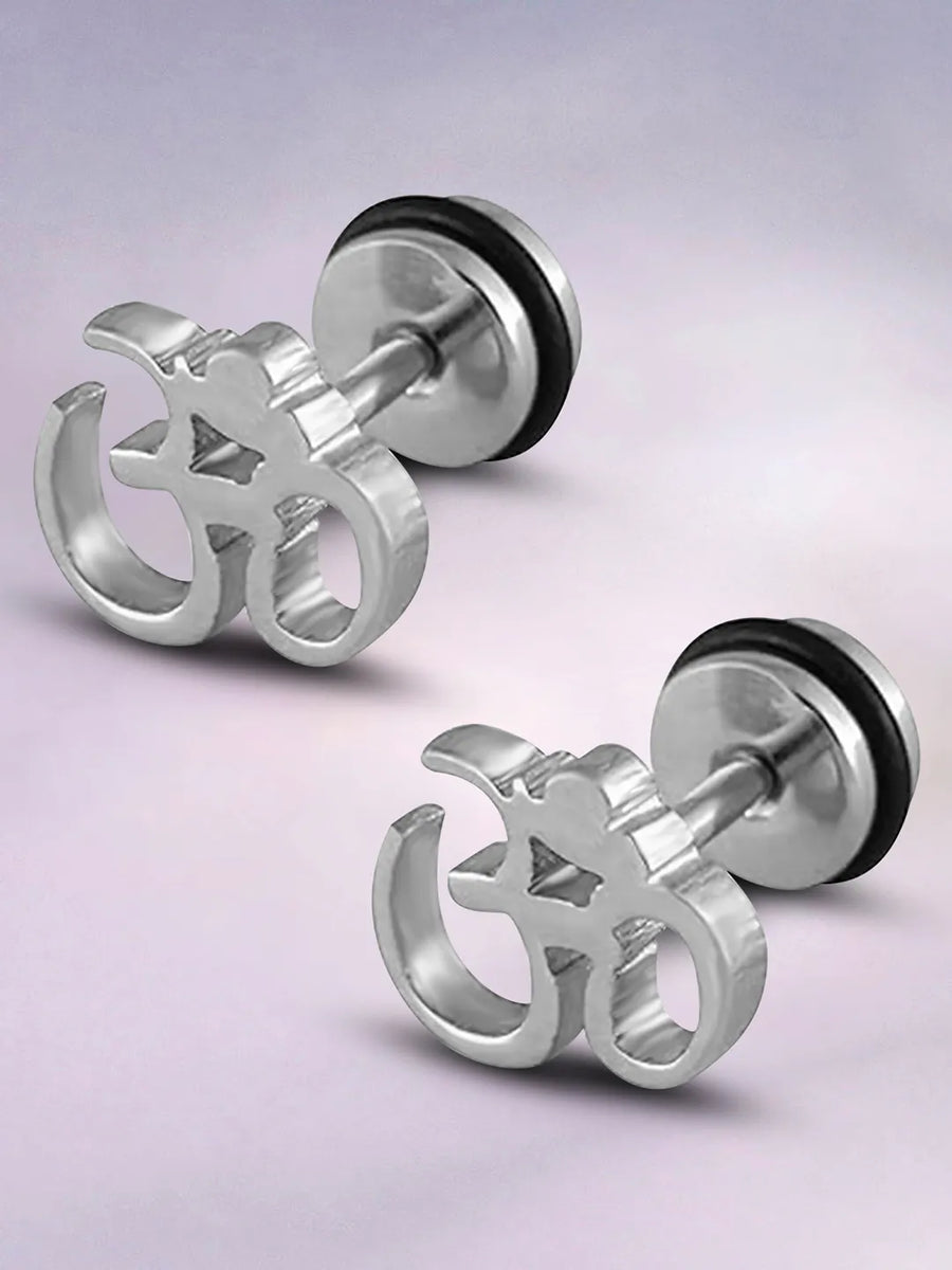Contemporary OM Shape Stud Earrings - Silver