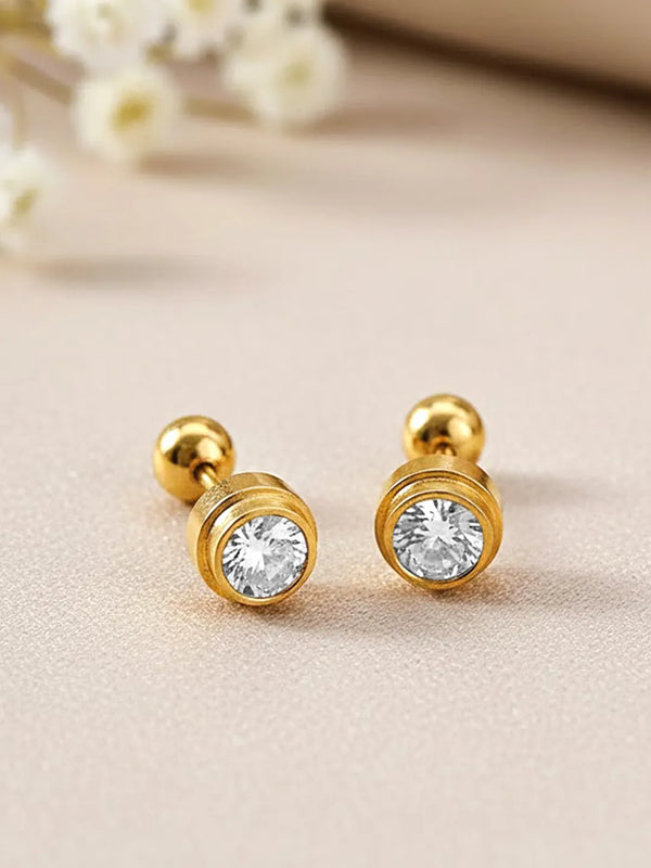 Peora Gold Solitaire CZ Bezel Stud Earrings