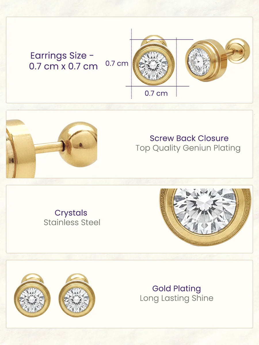 Peora Gold Solitaire CZ Bezel Stud Earrings