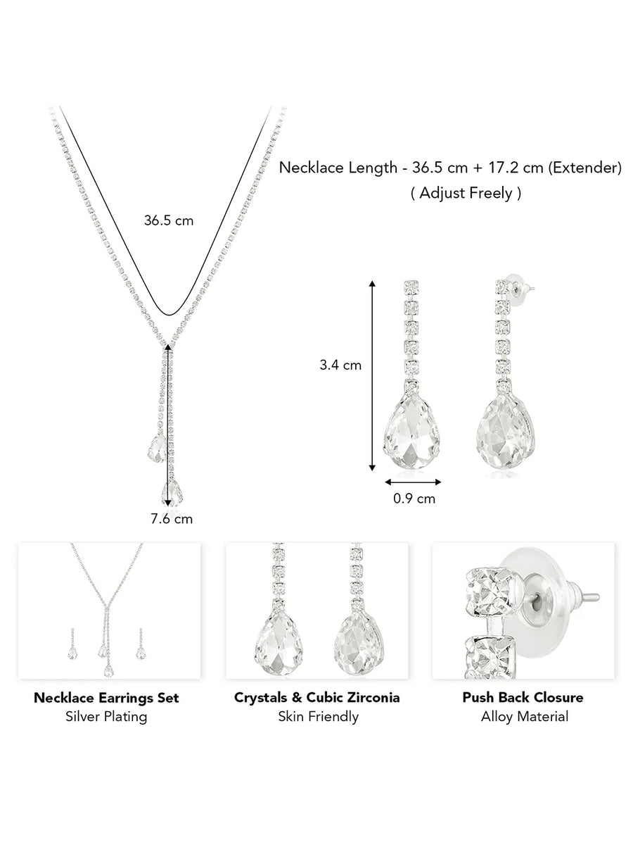 Silver necklace earrings set crafted from alloy, adorned with crystals & cubic zirconia for an elegant, timeless look | Peora
